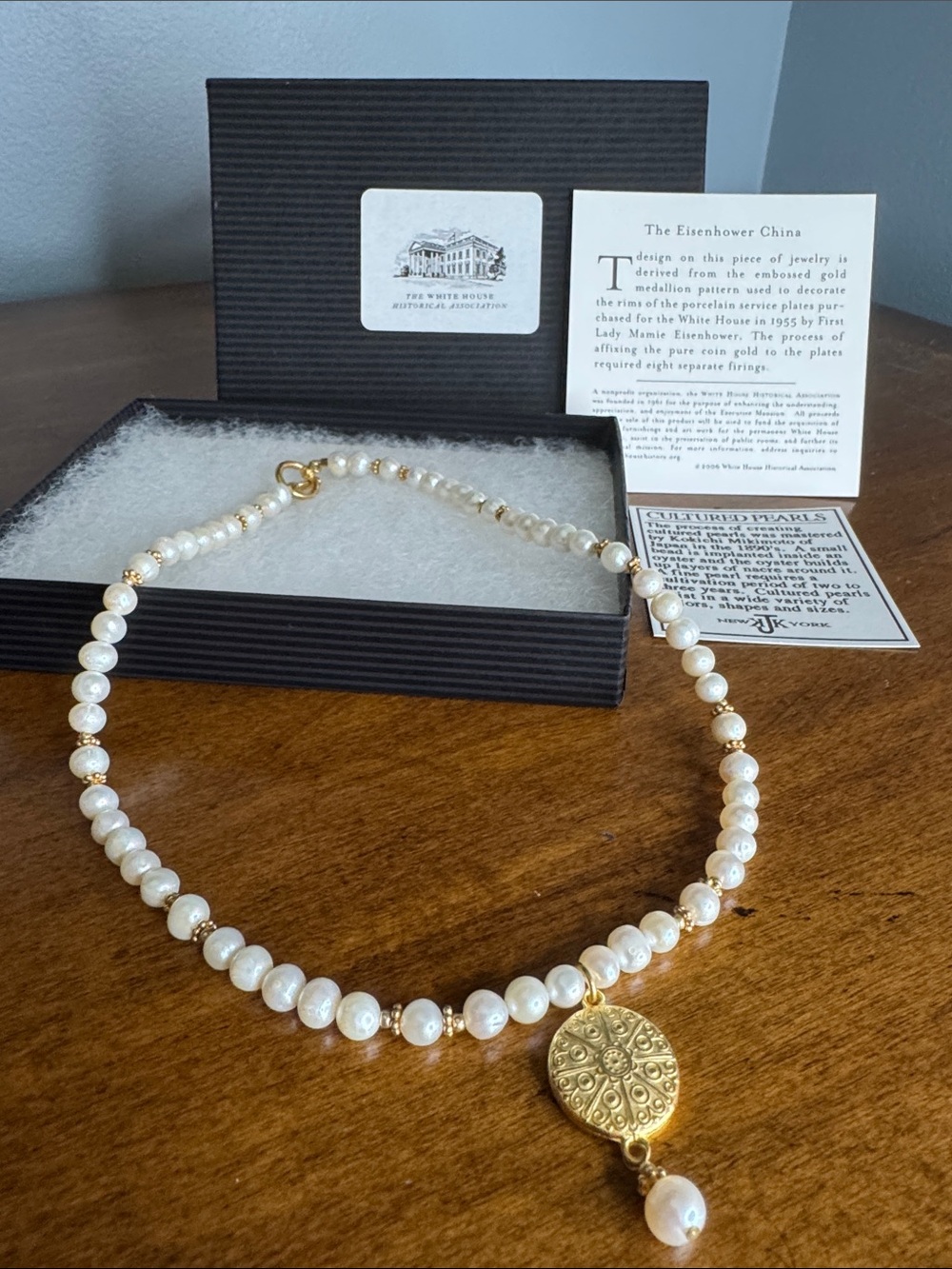 The White House Eisenhower Jewelry- Cultured Pearl Strand with Medallion